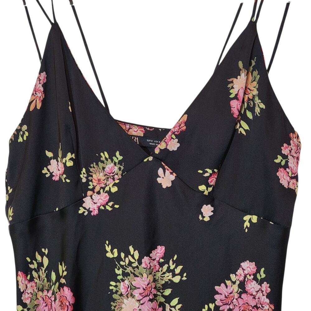 ZARA Floral Sleeveless Black Pink Midi Slip Dress Romantic Size S - Picture 4 of 16